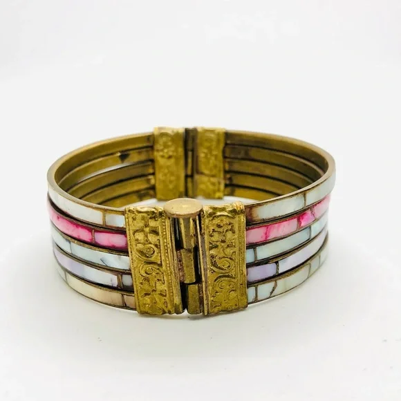 Vintage Brass Mother of Pearl Boho Bracelet - Picture 12 of 12